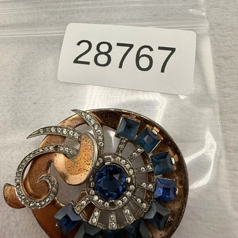 Vintage Brooch Blue Rose Gold Tone Rhinestone Sunburst Copper Tone